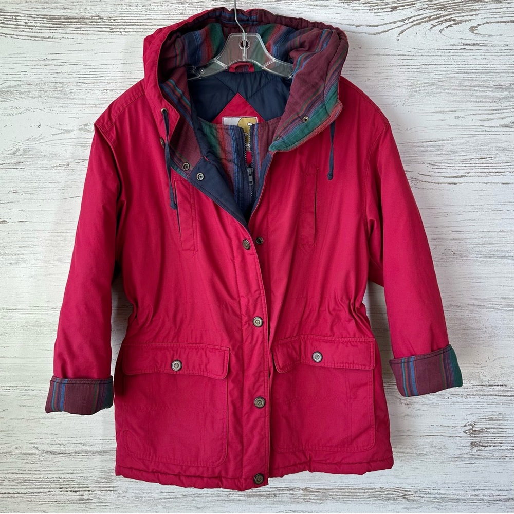 VINTAGE 80s 90s CURRENT SEEN Plaid Flannel Trim Chore Farmhouse Jacket Red S